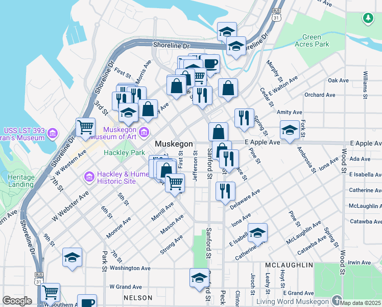 map of restaurants, bars, coffee shops, grocery stores, and more near 1077 Jefferson Street in Muskegon