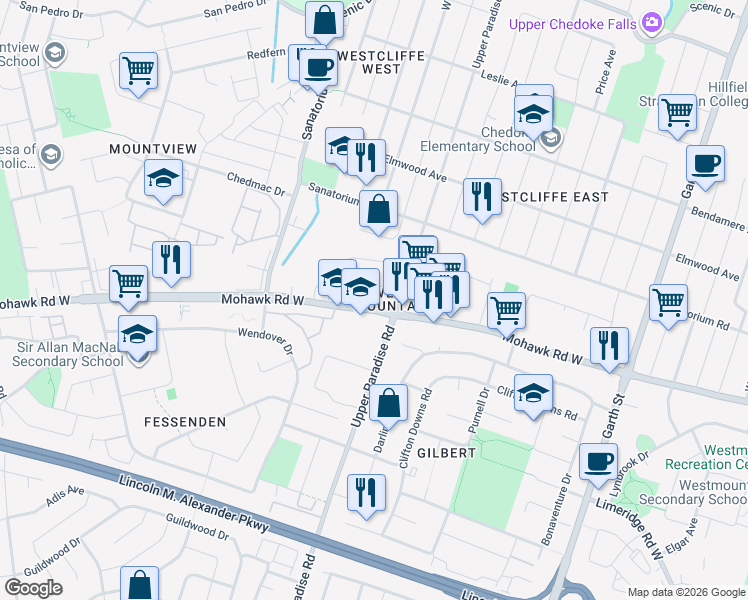 map of restaurants, bars, coffee shops, grocery stores, and more near 675 Mohawk Road West in Hamilton