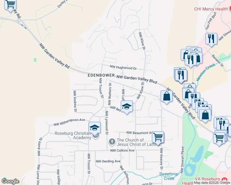 map of restaurants, bars, coffee shops, grocery stores, and more near 1841 Northwest Finch Court in Roseburg