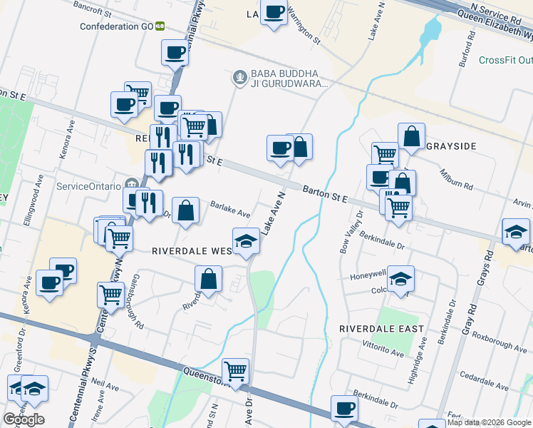 map of restaurants, bars, coffee shops, grocery stores, and more near 201 Lake Avenue in Hamilton