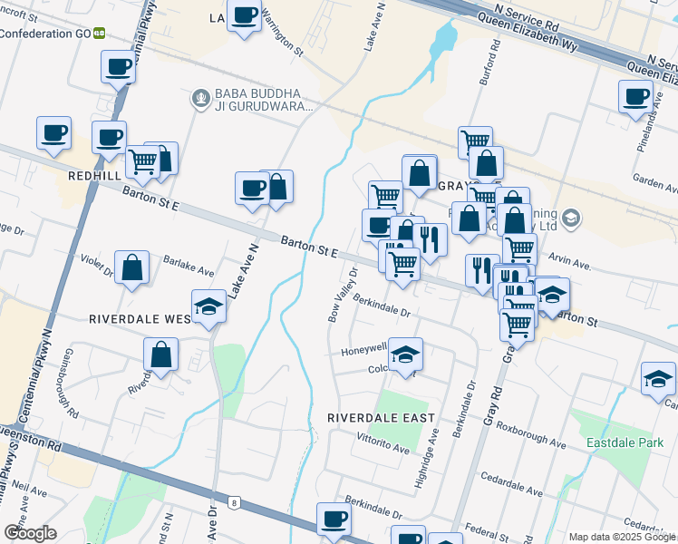 map of restaurants, bars, coffee shops, grocery stores, and more near 34 Bow Valley Drive in Hamilton