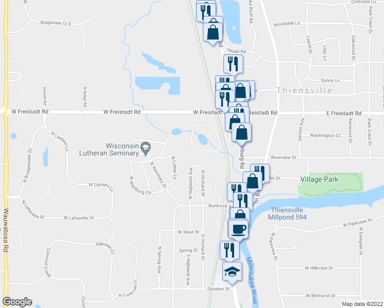 map of restaurants, bars, coffee shops, grocery stores, and more near 213 Williamsburg Drive in Thiensville