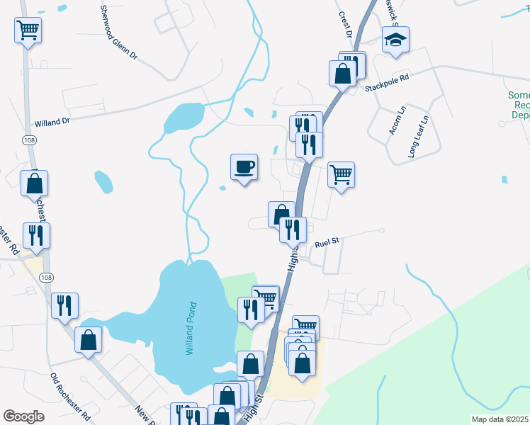 map of restaurants, bars, coffee shops, grocery stores, and more near 25 Midway Park in Somersworth