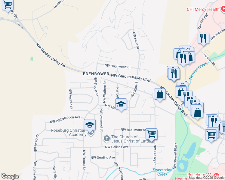 map of restaurants, bars, coffee shops, grocery stores, and more near 1831 Northwest Finch Court in Roseburg