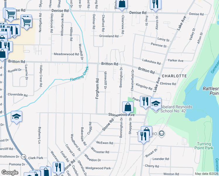 map of restaurants, bars, coffee shops, grocery stores, and more near 9 Stonewood Park in Monroe County