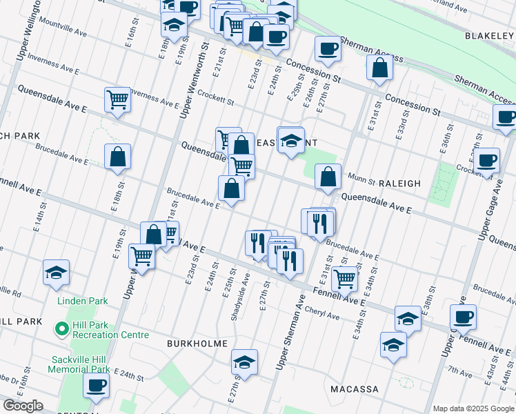 map of restaurants, bars, coffee shops, grocery stores, and more near 604 Brucedale Avenue East in Hamilton