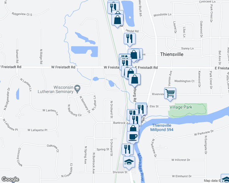 map of restaurants, bars, coffee shops, grocery stores, and more near 132 North Orchard Street in Thiensville