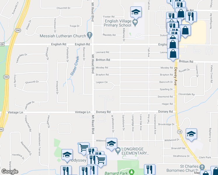 map of restaurants, bars, coffee shops, grocery stores, and more near 78 Legion Circle in Rochester