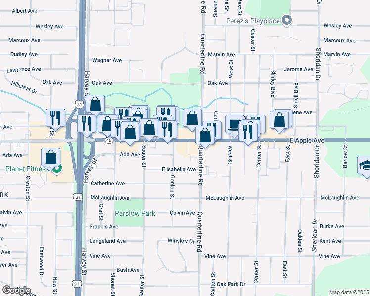 map of restaurants, bars, coffee shops, grocery stores, and more near 1945 East Apple Avenue in Muskegon