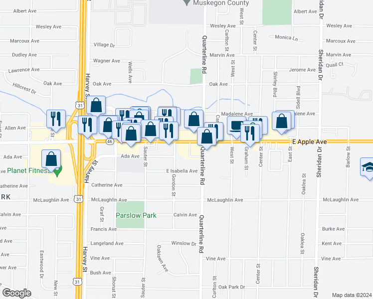 map of restaurants, bars, coffee shops, grocery stores, and more near 1945 East Apple Avenue in Muskegon