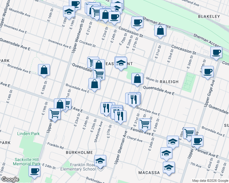 map of restaurants, bars, coffee shops, grocery stores, and more near 221 East 26th Street in Hamilton