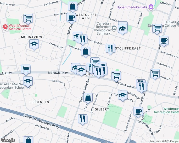 map of restaurants, bars, coffee shops, grocery stores, and more near 1 Sandringham Avenue in Hamilton