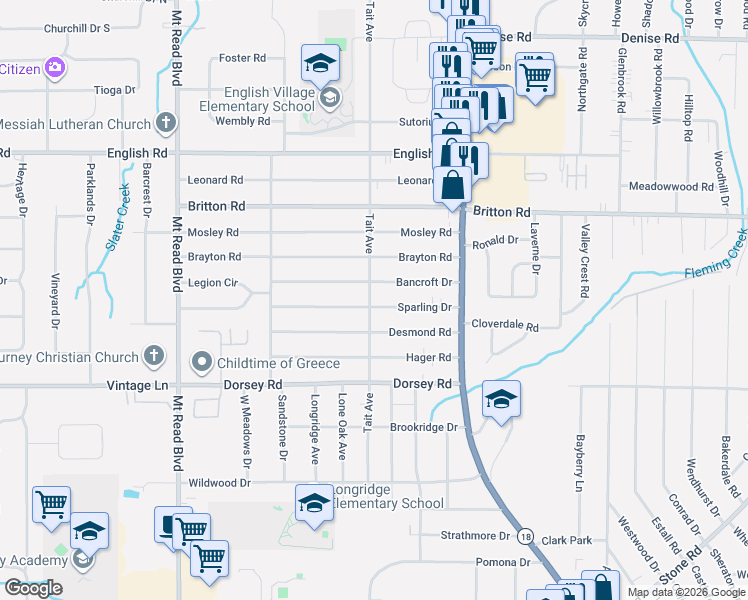 map of restaurants, bars, coffee shops, grocery stores, and more near 122 Bancroft Drive in Rochester