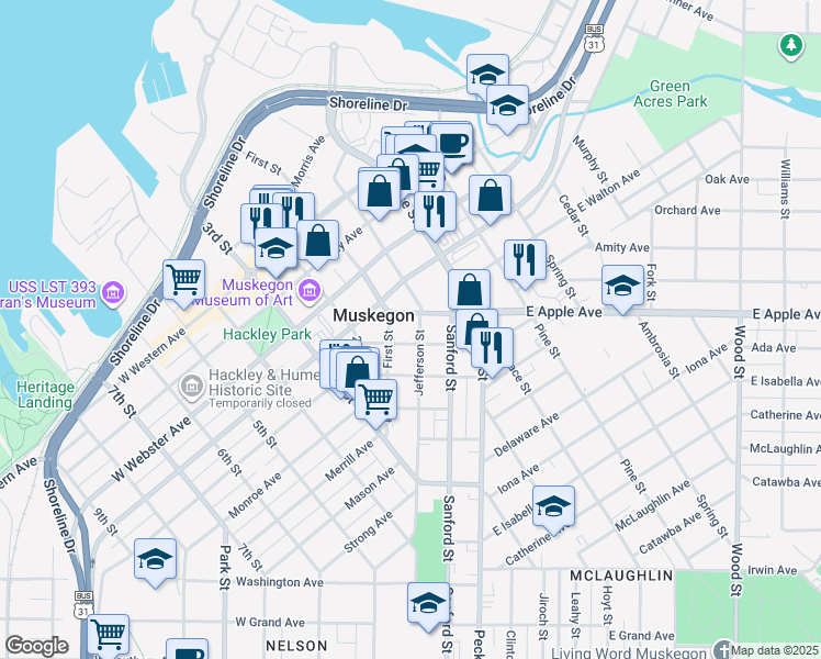 map of restaurants, bars, coffee shops, grocery stores, and more near 1021 Jefferson Street in Muskegon
