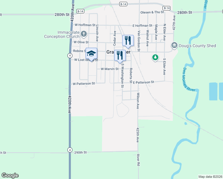 map of restaurants, bars, coffee shops, grocery stores, and more near 398 South Cedar Avenue in Graettinger