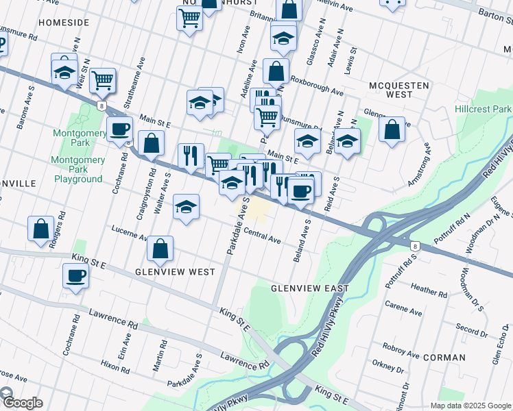 map of restaurants, bars, coffee shops, grocery stores, and more near 267 Queenston Road in Hamilton