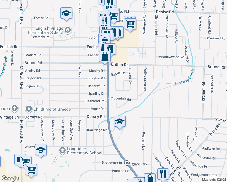 map of restaurants, bars, coffee shops, grocery stores, and more near 122 Newfield Drive in Rochester