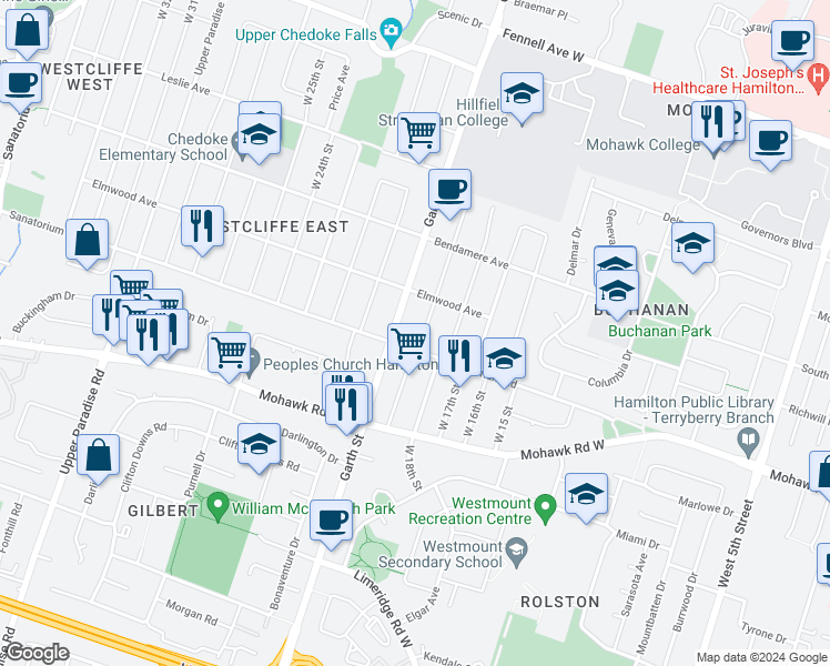 map of restaurants, bars, coffee shops, grocery stores, and more near in Hamilton