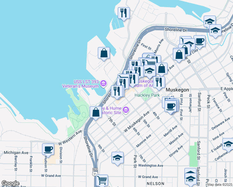 map of restaurants, bars, coffee shops, grocery stores, and more near 683 Shoreline Drive in Muskegon