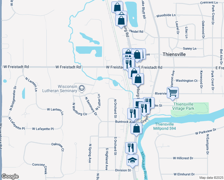 map of restaurants, bars, coffee shops, grocery stores, and more near 214 Williamsburg Drive in Thiensville
