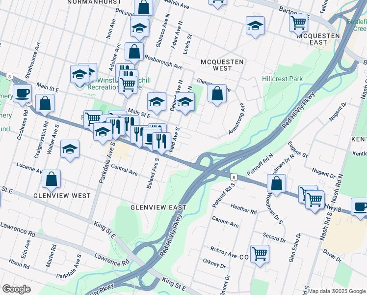 map of restaurants, bars, coffee shops, grocery stores, and more near 16 Roxanne Drive in Hamilton