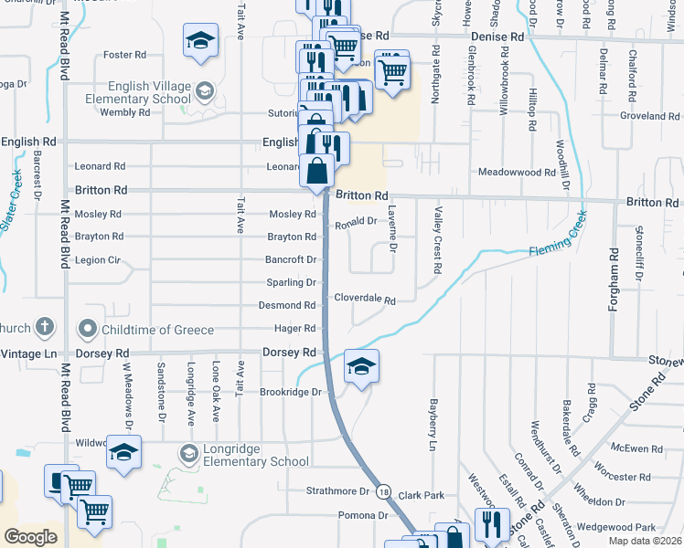 map of restaurants, bars, coffee shops, grocery stores, and more near 122 Newfield Drive in Rochester