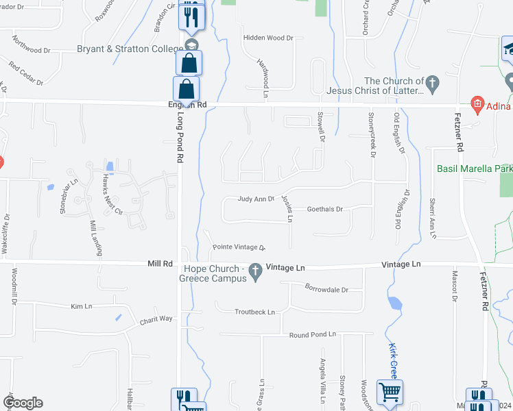 map of restaurants, bars, coffee shops, grocery stores, and more near 247 Judy Ann Drive in Rochester