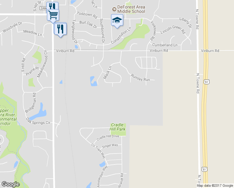 map of restaurants, bars, coffee shops, grocery stores, and more near 927 Star Gazer Drive in DeForest