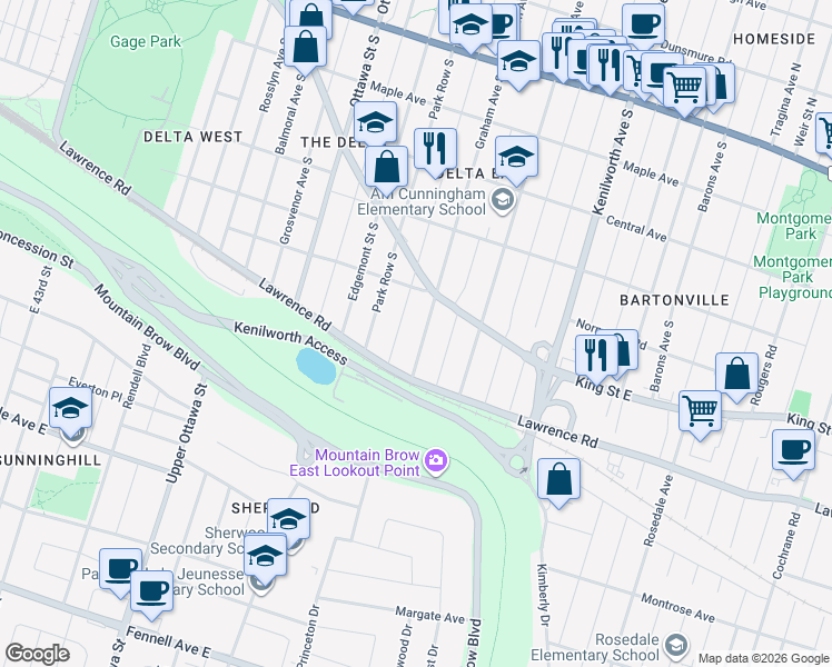 map of restaurants, bars, coffee shops, grocery stores, and more near 246 Graham Avenue South in Hamilton