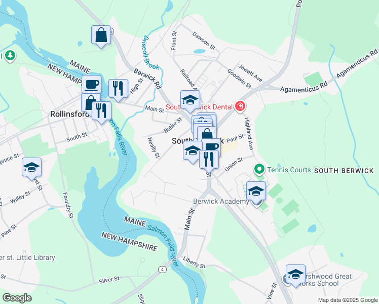 map of restaurants, bars, coffee shops, grocery stores, and more near 29 Young Street in South Berwick