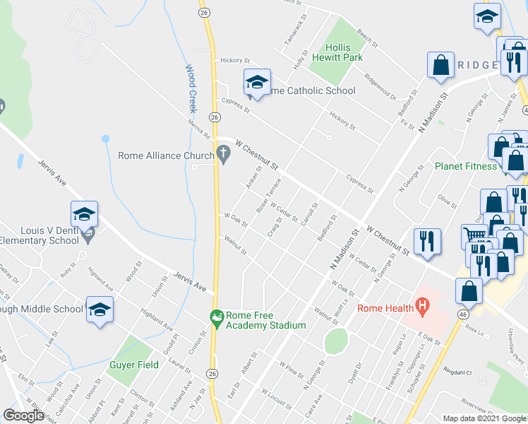 map of restaurants, bars, coffee shops, grocery stores, and more near 1515 Roser Terrace in Rome