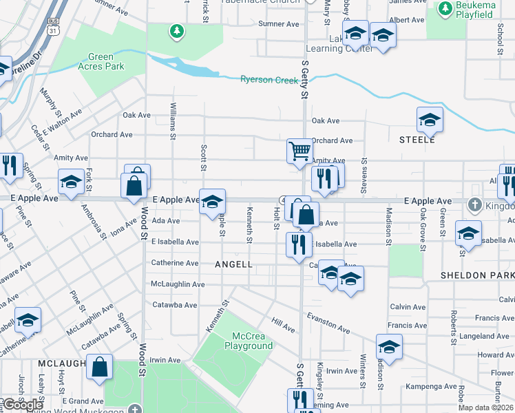 map of restaurants, bars, coffee shops, grocery stores, and more near 654 East Apple Avenue in Muskegon