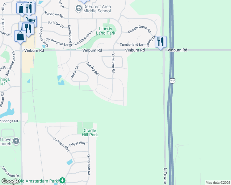 map of restaurants, bars, coffee shops, grocery stores, and more near 930 Skylark Lane in DeForest