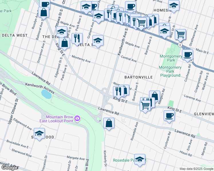 map of restaurants, bars, coffee shops, grocery stores, and more near 199 Tuxedo Avenue South in Hamilton