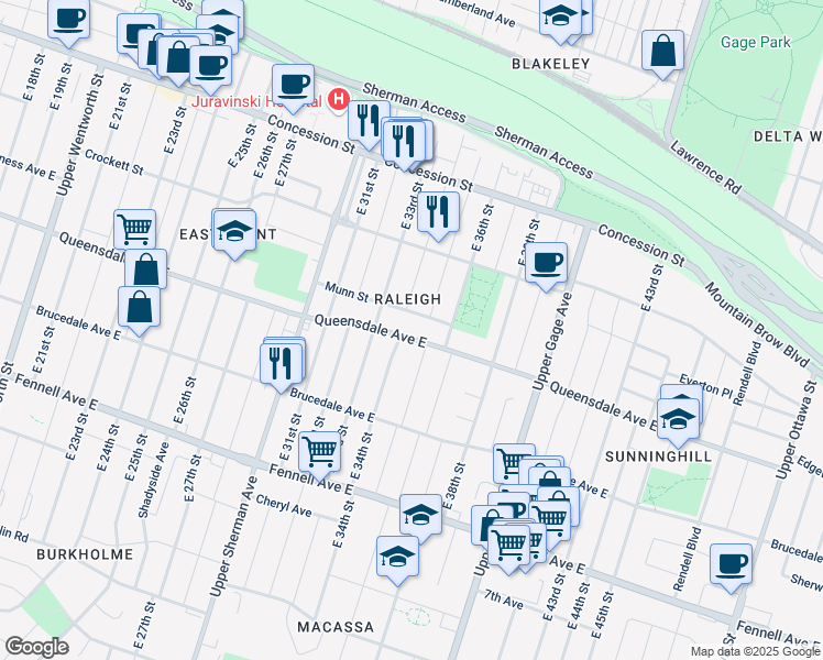 map of restaurants, bars, coffee shops, grocery stores, and more near in Hamilton