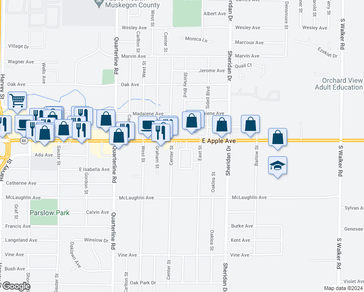 map of restaurants, bars, coffee shops, grocery stores, and more near 2212 Apple Avenue in Muskegon