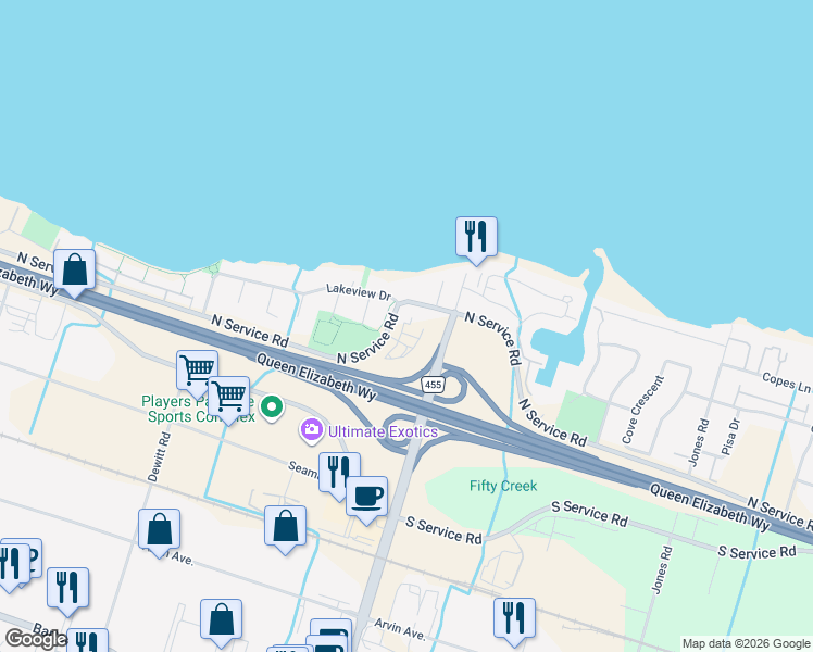 map of restaurants, bars, coffee shops, grocery stores, and more near 590 North Service Road in Hamilton