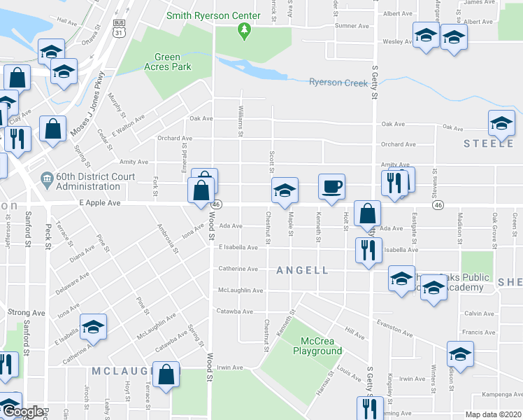 map of restaurants, bars, coffee shops, grocery stores, and more near 521 East Apple Avenue in Muskegon