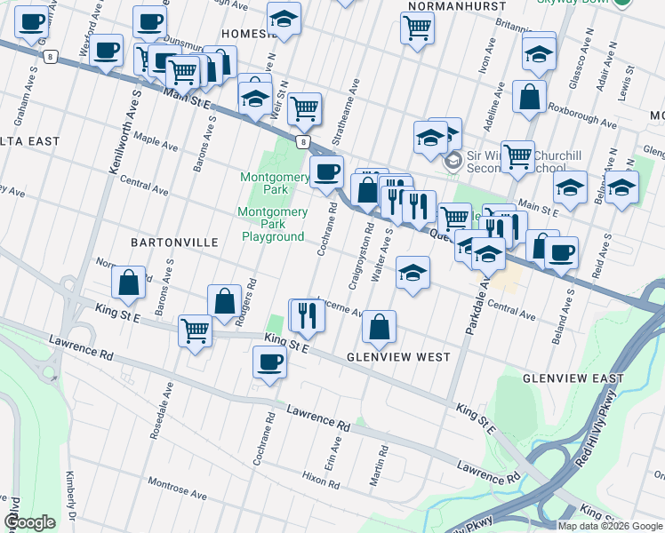 map of restaurants, bars, coffee shops, grocery stores, and more near 168 Rosewood Road in Hamilton