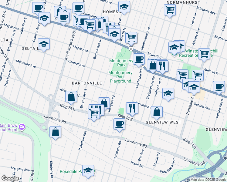 map of restaurants, bars, coffee shops, grocery stores, and more near 172 Rodgers Road in Hamilton