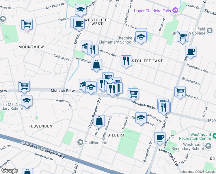 map of restaurants, bars, coffee shops, grocery stores, and more near 640 Mohawk Road West in Hamilton