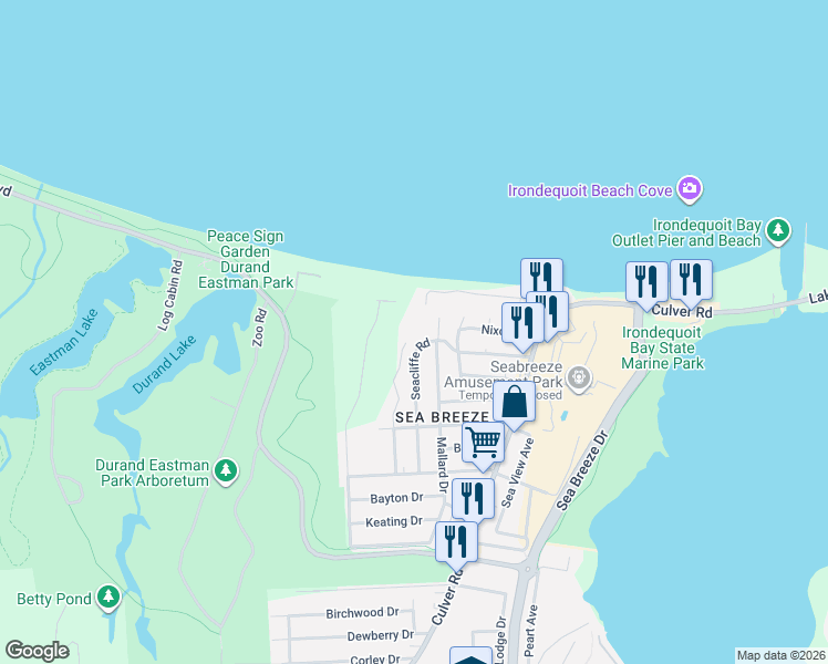 map of restaurants, bars, coffee shops, grocery stores, and more near 1 Scenic View Drive in Rochester