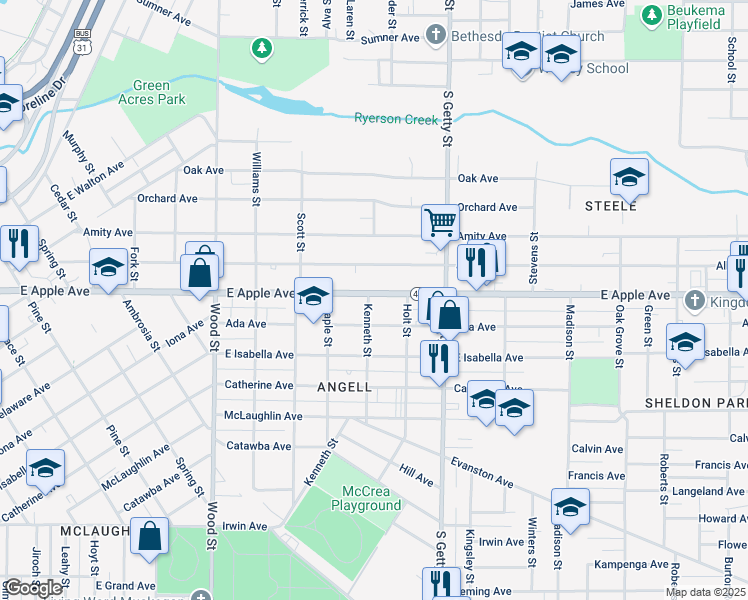 map of restaurants, bars, coffee shops, grocery stores, and more near 654 East Apple Avenue in Muskegon