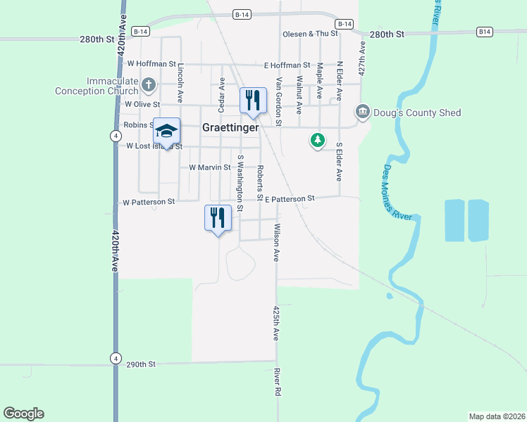 map of restaurants, bars, coffee shops, grocery stores, and more near 200-298 East Patterson Street in Graettinger