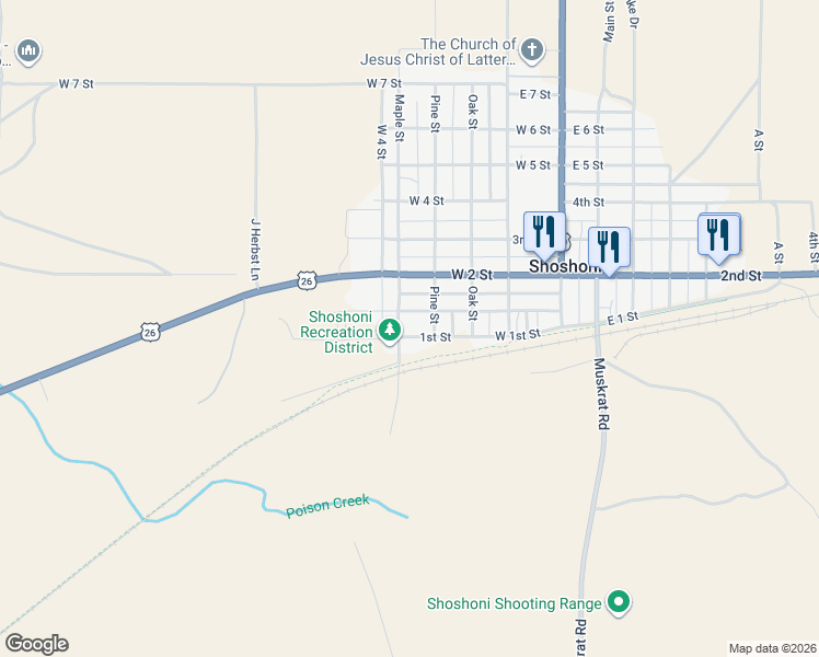 map of restaurants, bars, coffee shops, grocery stores, and more near 201-281 Weider Way in Shoshoni
