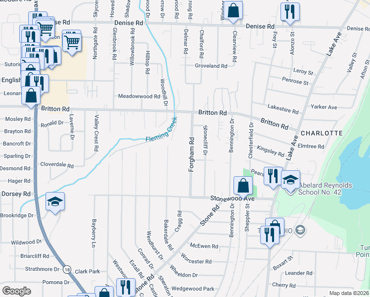 map of restaurants, bars, coffee shops, grocery stores, and more near 176 Forgham Road in Rochester