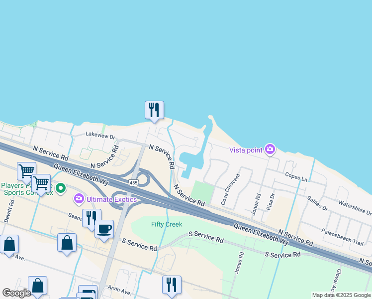 map of restaurants, bars, coffee shops, grocery stores, and more near 121 Edgewater Drive in Hamilton