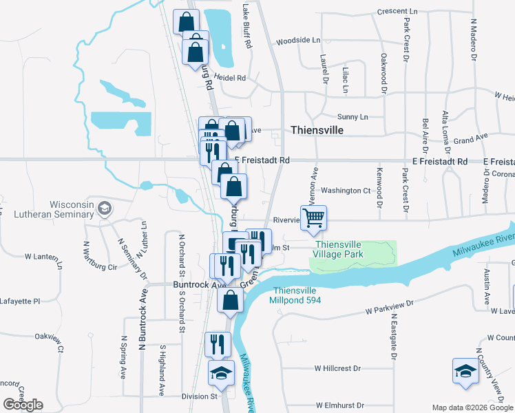 map of restaurants, bars, coffee shops, grocery stores, and more near 205 Green Bay Road in Thiensville