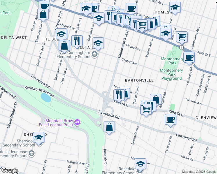 map of restaurants, bars, coffee shops, grocery stores, and more near 210 Kenilworth Avenue South in Hamilton