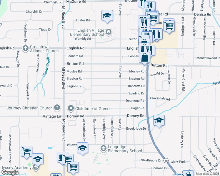 map of restaurants, bars, coffee shops, grocery stores, and more near 180 Bancroft Drive in Rochester